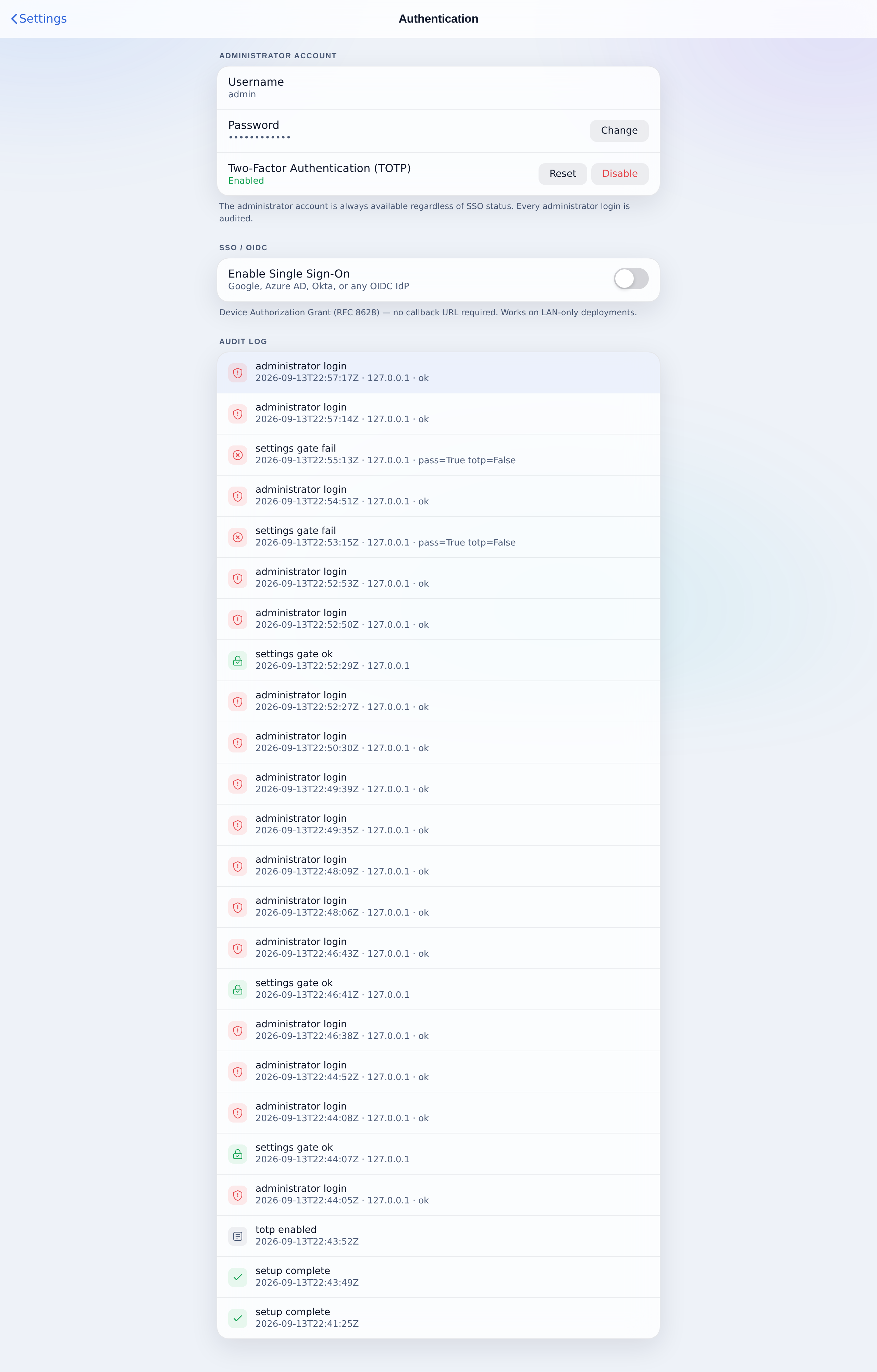 Settings → Authentication: password, two-factor and SSO.