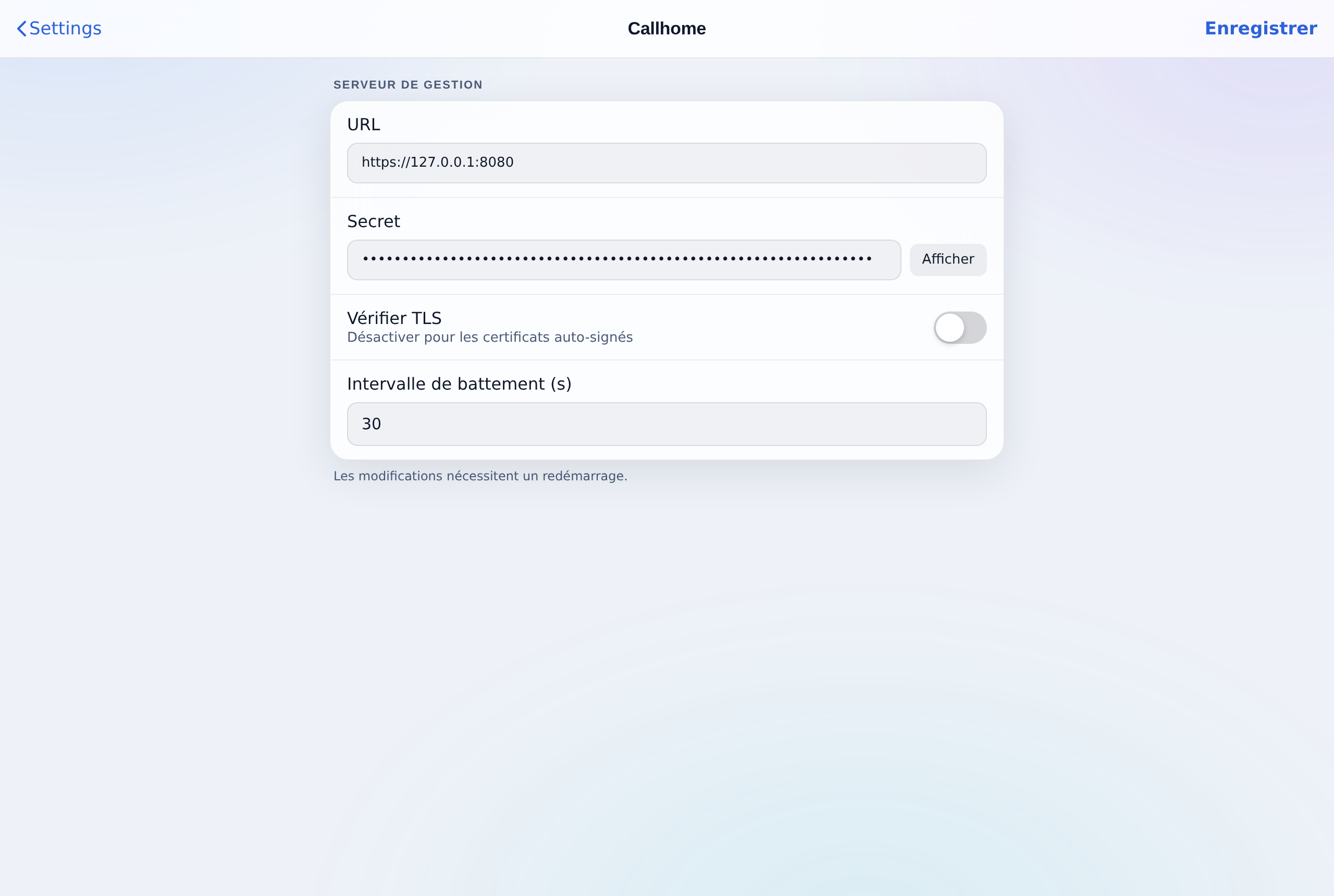 Saisissez l’URL du serveur, son secret partagé et un intervalle de battement.