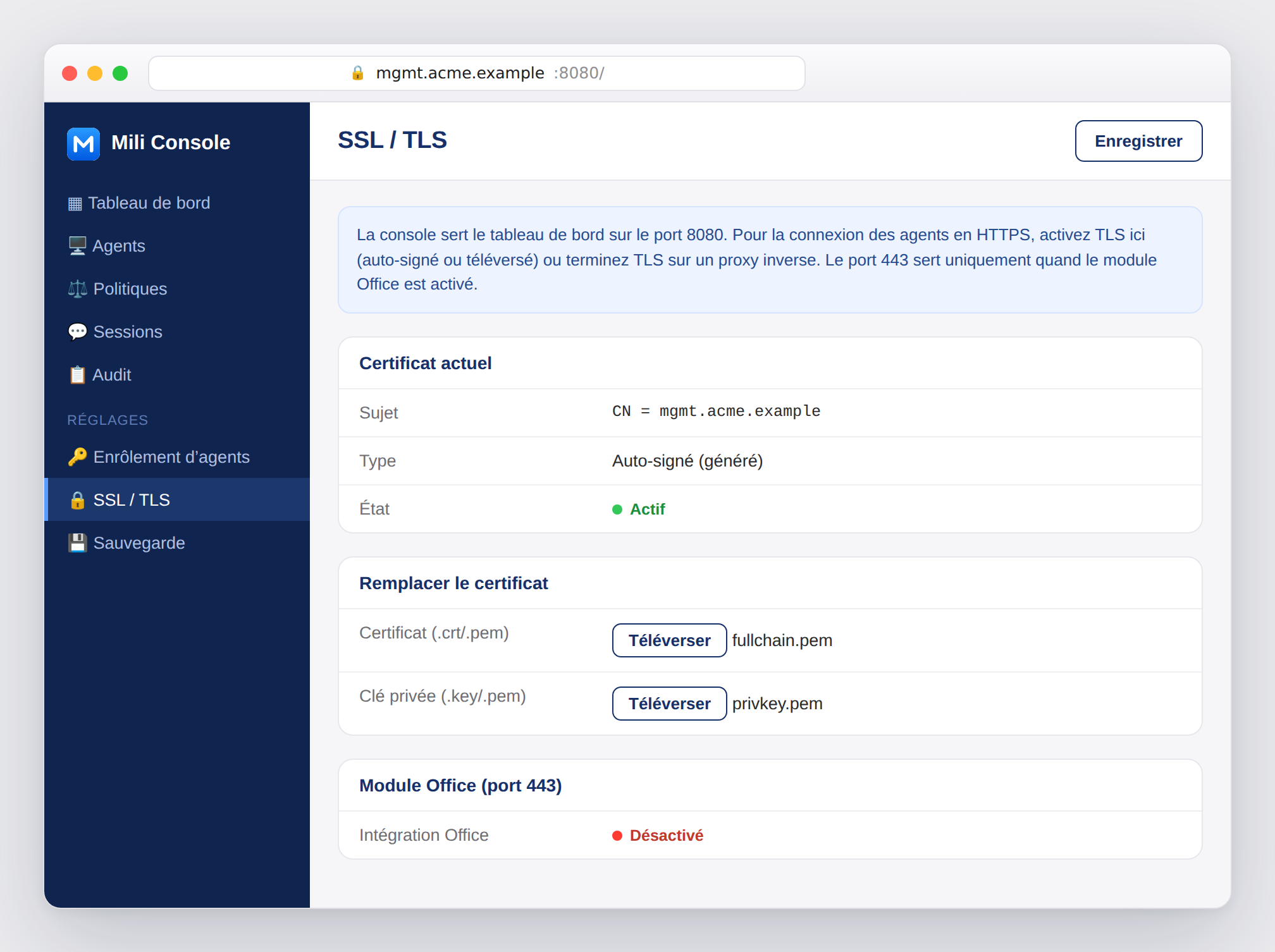 Réglages SSL / TLS. Le port 443 sert uniquement au module Office.