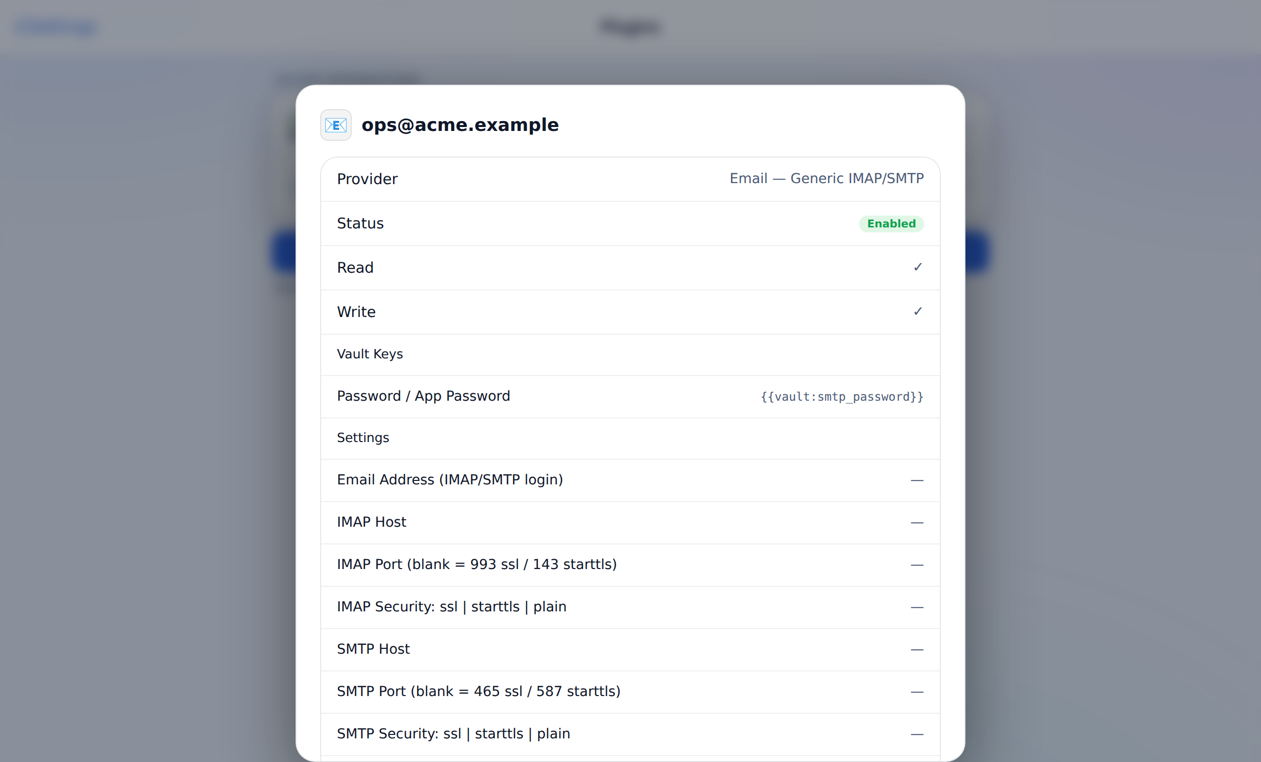 A credential-based email integration: the password lives in the Vault.