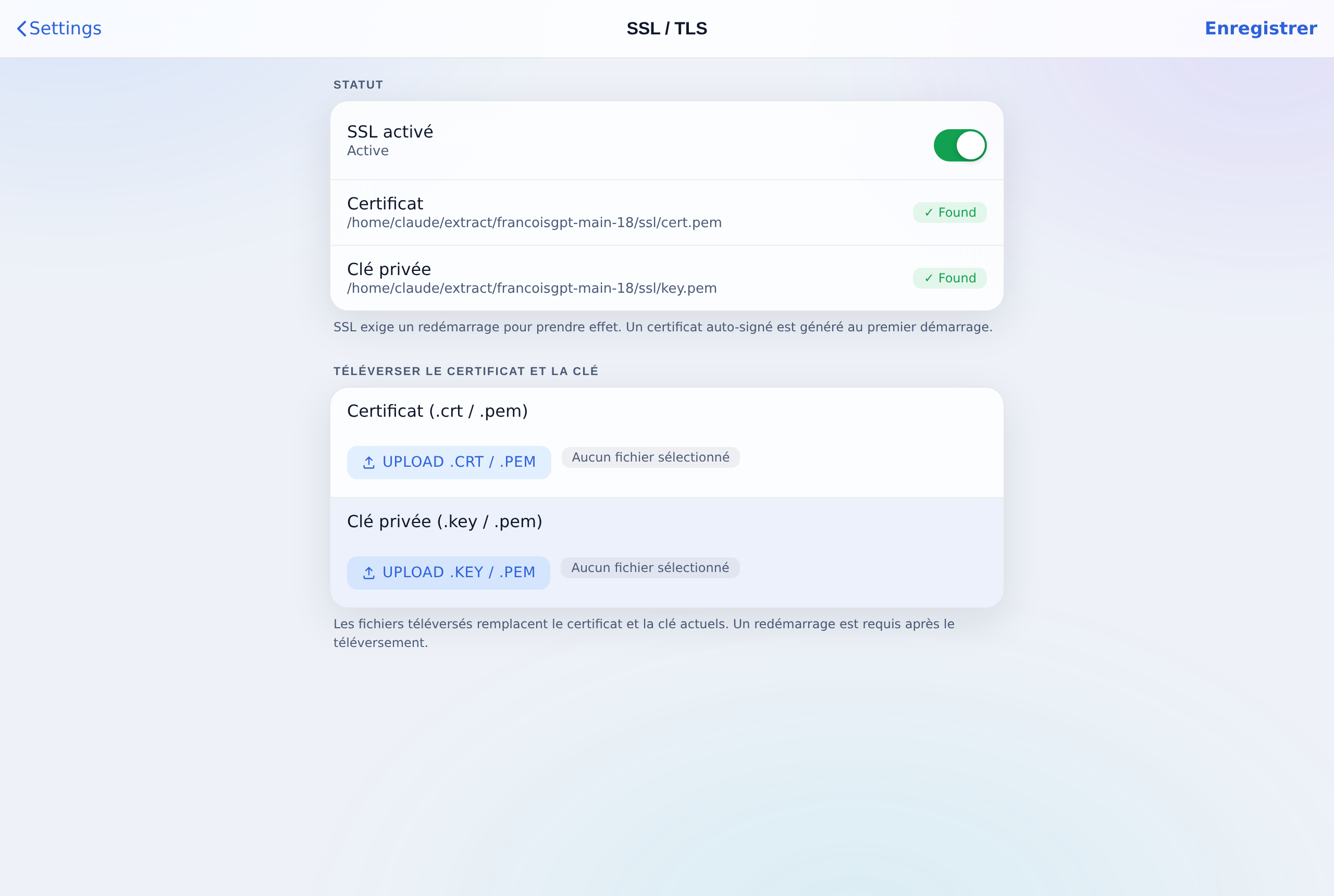 Téléversez un certificat et sa clé privée correspondante.