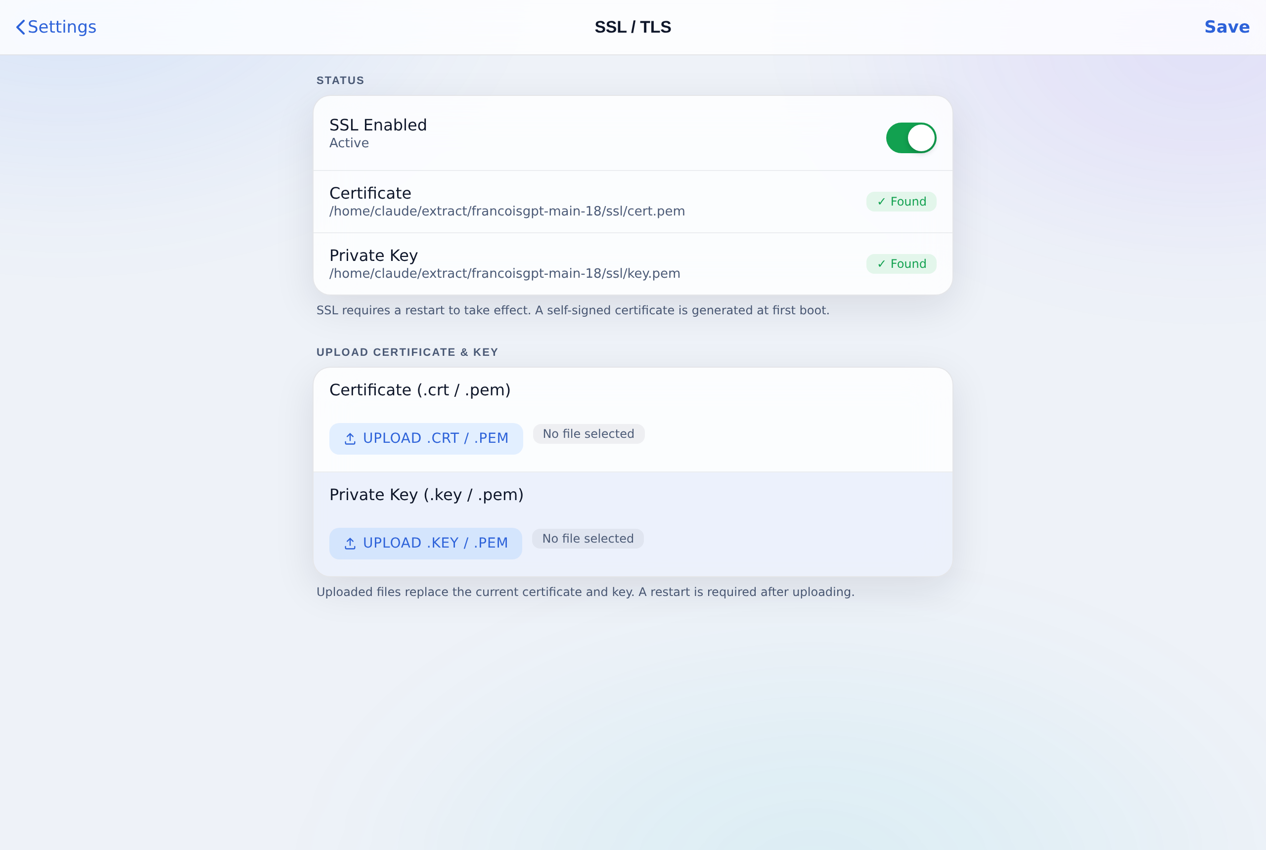 Upload a certificate and matching private key.